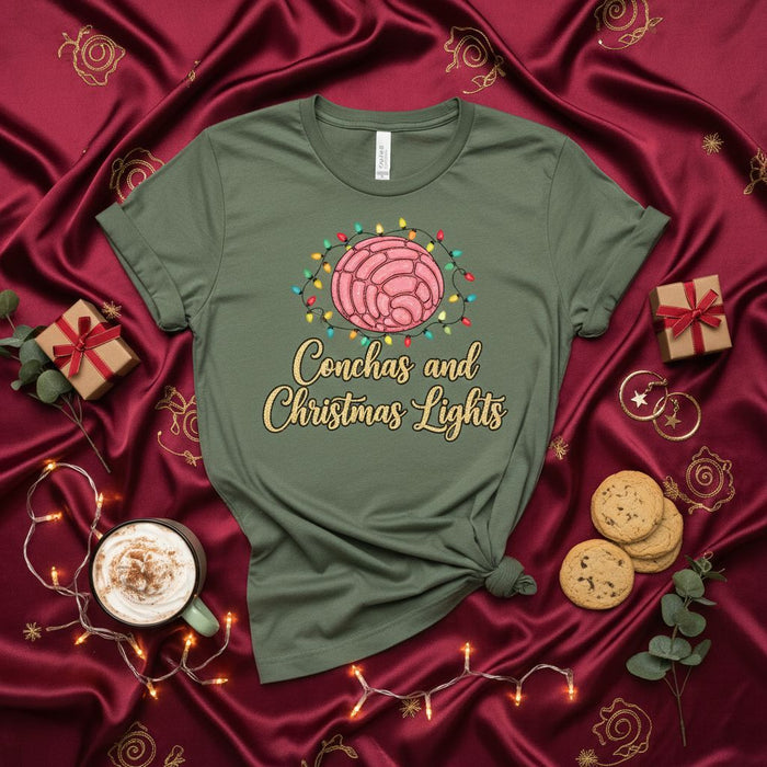 Conchas and Christmas Lights T-Shirt, Mexican Pan Dulce, Concha Bread Holiday Shirt, Cute Christmas Lights Gift for Baker, Spanish Food Tee