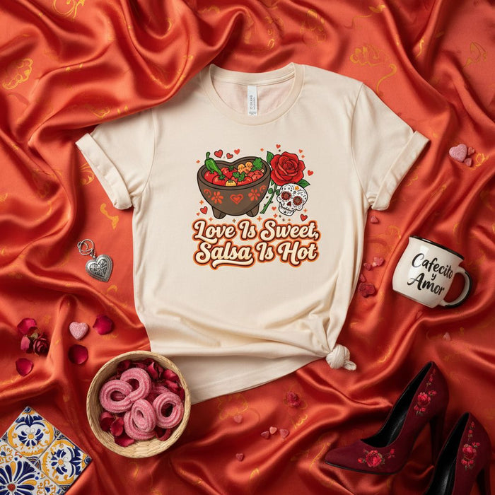 Love Is Sweet Salsa Is Hot Shirt, Cinco de Mayo Fiesta T-Shirt, Mexican Food Lover Gift, Molcajete Rose Calavera Skull Tee, Valentines Day Amore Cafecito Tee