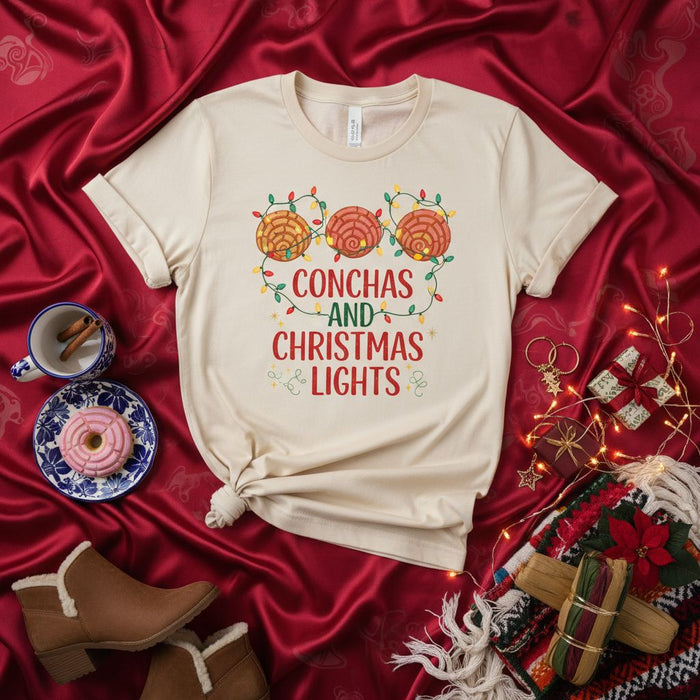 Conchas and Christmas Lights T-Shirt, Mexican Pan Dulce Holiday Shirt, Cute Navidad Bakery Food Lover Tee, Festive Concha Bread Graphic Top for Winter Season, Unisex Gift Idea