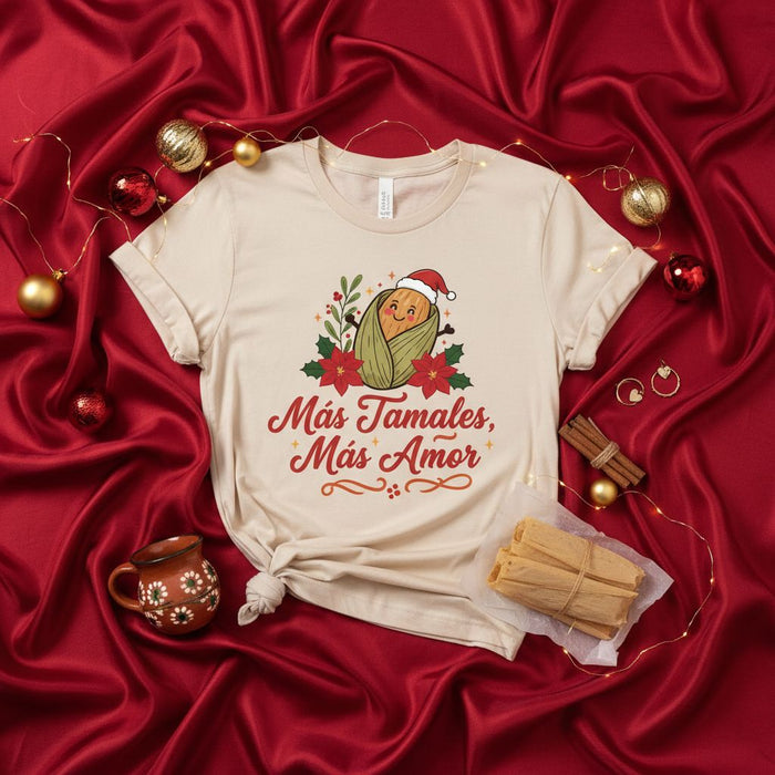 Más Tamales, Más Amor Tamale Christmas T-Shirt, Cute Corn Husk with Santa Hat, Funny Spanish Holiday Shirt, Festive Unisex Apparel, Xmas Gift Tee