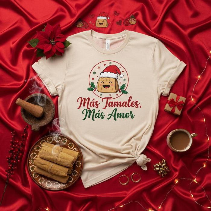 Más Tamales, Más Amor Christmas Tamal T-Shirt, Cute Holiday Foodie Graphic Tee, Funny Tamales Season Unisex Shirt, Navidad Gift Idea, Hispanic Culture T-shirt