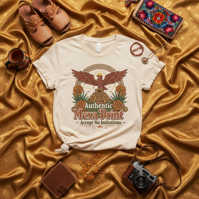 Authentic MexaPrint Accept No Imitations T-Shirt: Aztec Eagle Pyramid Design, Vintage Style Graphic Tee, Unisex, Mexican Heritage Culture Shirt