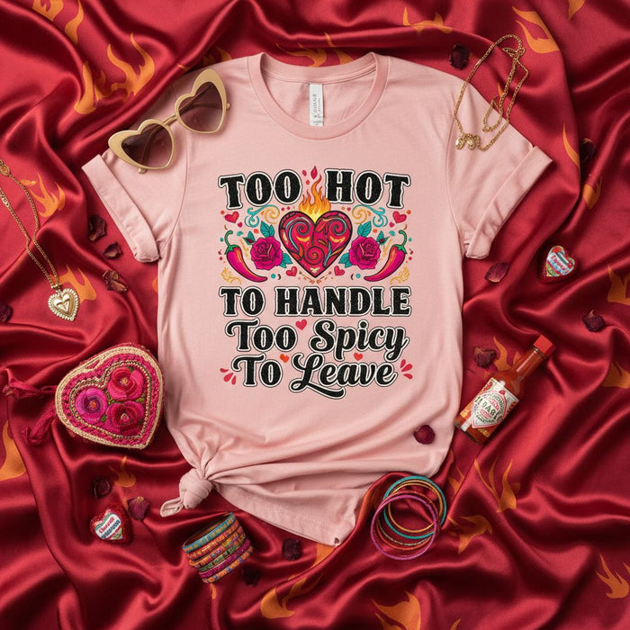 Too Hot To Handle Too Spicy To Leave T-Shirt: Flamin' Heart, Roses & Chili Peppers Graphic Tee for Spice Lovers, Funny Valentine's Day Gift, Trendy Unisex Shirt