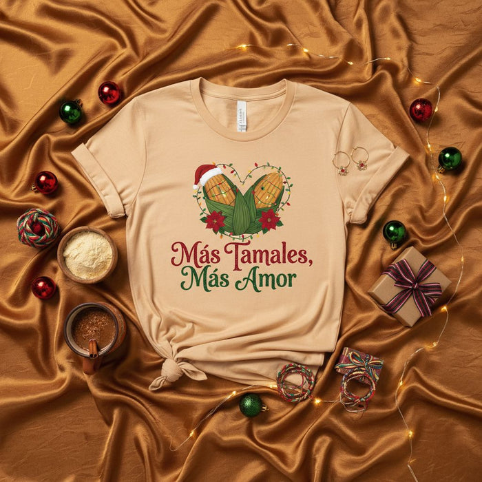 Más Tamales, Más Amor Christmas Shirt, Holiday Tamales Tee, Corn Husks Heart Design, Festive Spanish Quote Apparel, Unisex T-shirt Gift for Foodies and Family Celebration