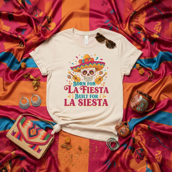 Born for La Fiesta Built for La Siesta T-Shirt, Funny Skull Sombrero Graphic Tee, Cinco de Mayo Party Shirt, Mexican Culture Unisex Top, Music Guitar Design, Fiesta Nap Humor