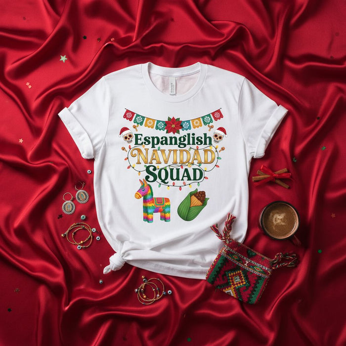 Camiseta divertida "Espanglish Navidad Squad" para hombres y mujeres, con piñata, tamales, calaveras de azúcar y luces navideñas, para fiesta bilingüe de Navidad
