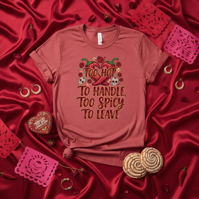 Too Hot to Handle, Too Spicy to Leave Shirt, Mexican Heart Chili Pepper T-Shirt, Spicy Food Lover Gift, Funny Mexican Food Tee, Dia De Muertos Skull T-Shirt, Hot Sauce Chili Tee, Unisex Red Shirt