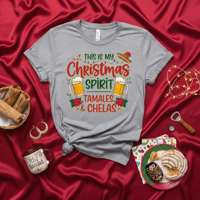 This Is My Christmas Spirit Tamales & Chelas Shirt, Funny Mexican Christmas Fiesta Holiday T-Shirt, Feliz Navidad Tee, Spanish Beer Sombrero Lights Apparel Gift
