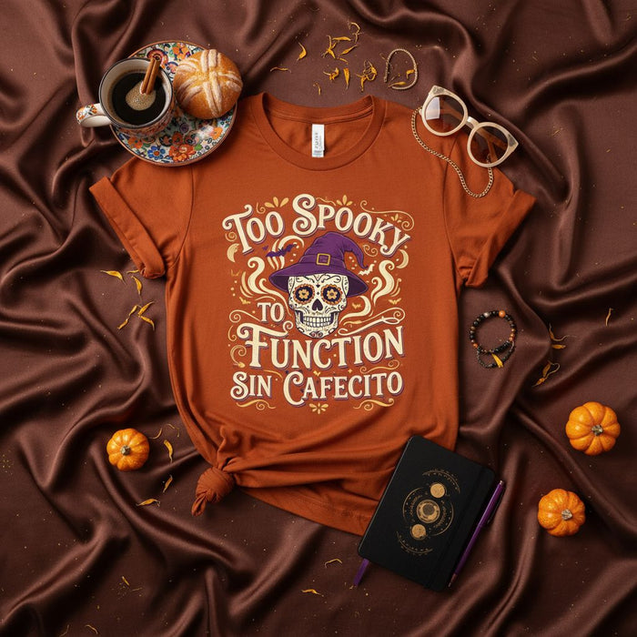 Too Spooky to Function Sin Cafecito T-Shirt, Halloween Sugar Skull Witch Shirt, Funny Latinx Coffee Lover Tee, Dia De Los Muertos Unisex Shirt, Spooky Season Gift
