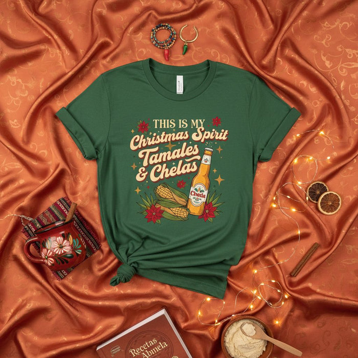 This Is My Christmas Spirit Tamales & Chelas Shirt, Funny Mexican Christmas Tamal Beer T-shirt, Fiesta Navideña Family Party Tee, Latina Latino Holiday Gift, Unisex Adult T-Shirt