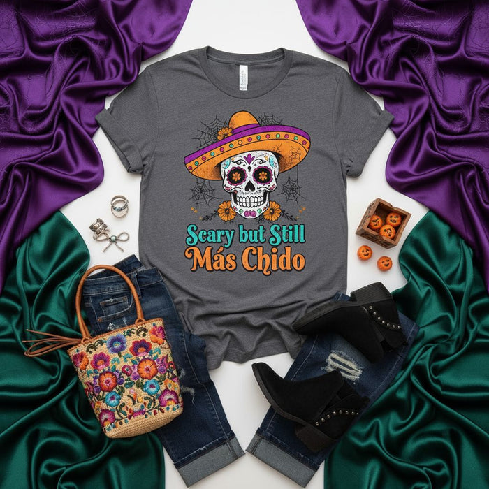 Scary but Still Más Chido T-Shirt, Day of the Dead Sugar Skull with Sombrero Tee, Halloween Calavera Shirt, Unisex Fall Graphic Top