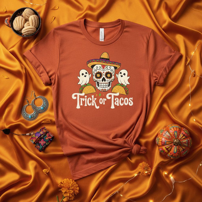Trick or Tacos Shirt Day of the Dead Sugar Skull Sombrero Ghost Halloween Tee Unisex T-Shirt Funny Fall Fiesta Gift Idea