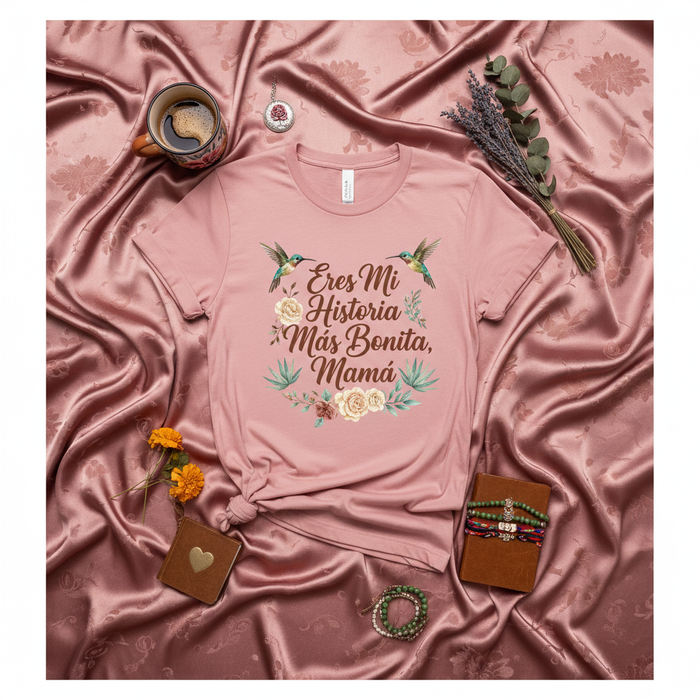 Camiseta floral Colibrí "Eres Mi Historia Más Bonita, Mamá", Regalo del Día de la Madre, Camisa suave unisex Bella Canvas, Top de amor para mamá latina, Rosa empolvado