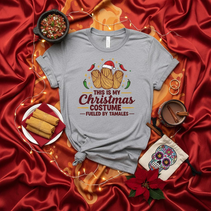 This is My Christmas Costume Fueled by Tamales T-Shirt Funny Xmas Food Shirt Holiday Party Gift Idea Tamale Lover Unisex Tee with Santa Hat and Chili Peppers