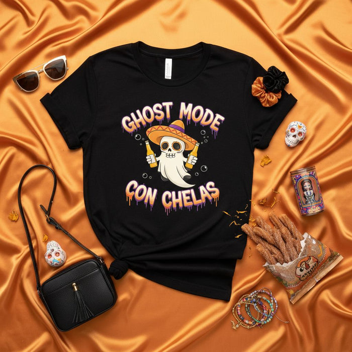 Ghost Mode Con Chelas Funny Halloween Day of the Dead Shirt, Spooky Ghost with Sombrero Drinking Beer Graphic Tee, Unisex Holiday Party T-Shirt