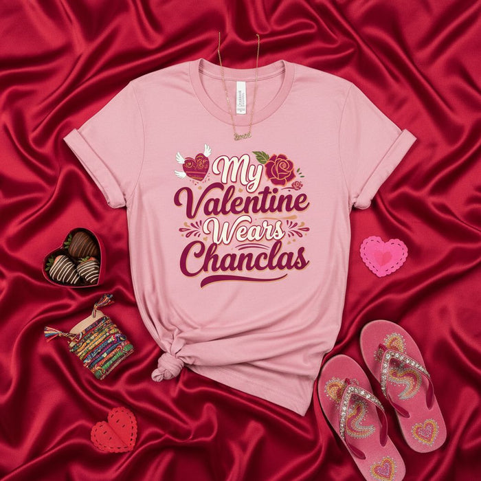 My Valentine Wears Chanclas T-Shirt Funny Spanish Valentine's Day Gift Tee for Her Him Unisex Shirt, Latina Latino Couples Matching Outfit with Roses and Heart Graphic