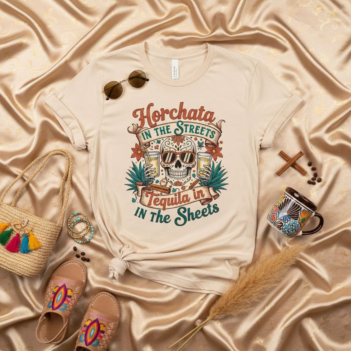 Camiseta Horchata en las Calles Tequila en las Sábanas, Calavera de Azúcar, Día de Muertos, Bebida Mexicana, Cinco de Mayo, Regalo Unisex