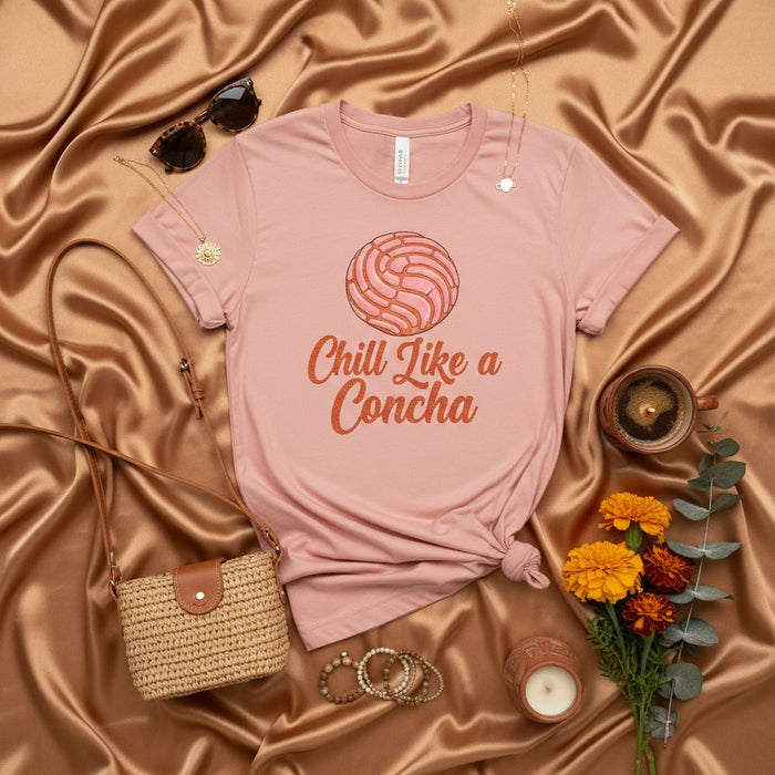 Chill Like a Concha T-Shirt, Mexican Sweet Bread Tee, Pastel Pink Unisex Shirt with Pan Dulce Design, Latinx Foodie Gift, Relaxing Vibe Clothing, Cute Concha Graphic Top