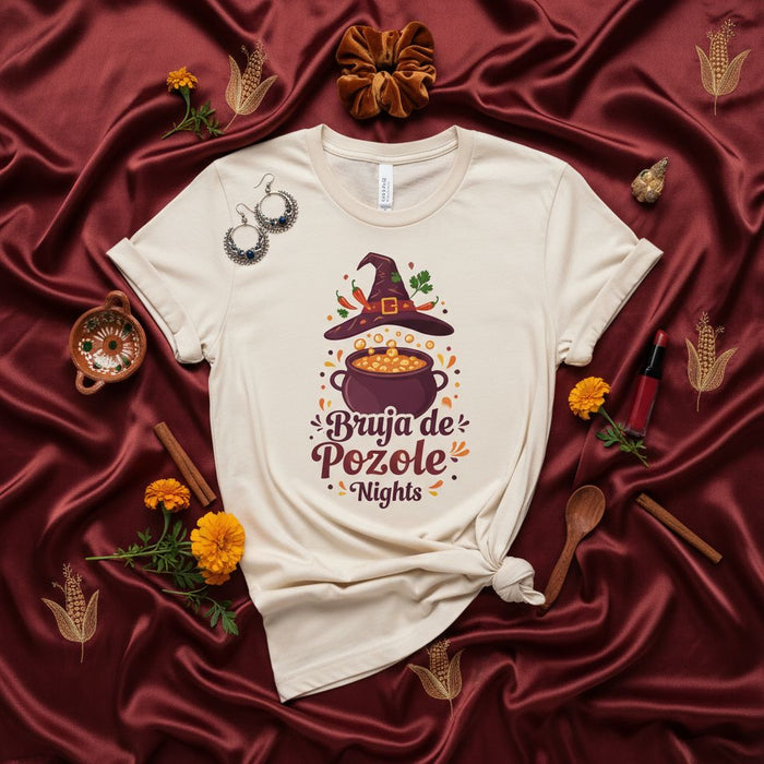 Bruja de Pozole Nights Witchy Shirt, Funny Halloween T-Shirt, Mexican Food Fall Tee, Cozy Spooky Season Party Top, Autumn Hispanic Cuisine Gift Idea