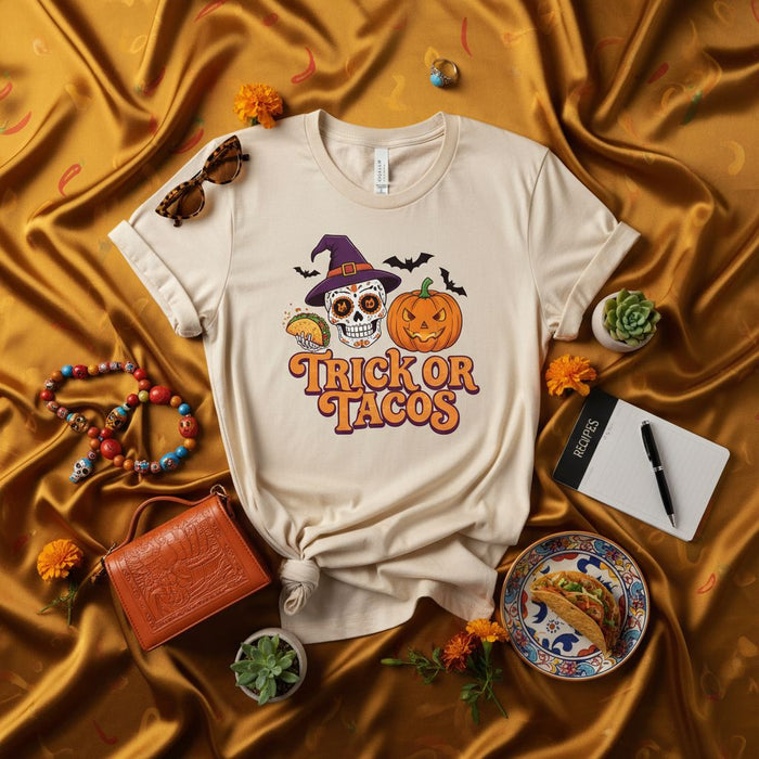 Trick or Tacos Shirt, Halloween Sugar Skull T-Shirt, Day of the Dead Witch Pumpkin Tee, Funny Fiesta Holiday Costume Party Gift, Unisex Graphic T-shirt