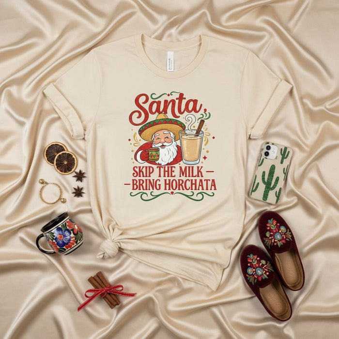 Santa Skip the Milk Bring Horchata Shirt, Funny Mexican Christmas Fiesta Tee, Sombrero Santa Claus Holiday Drink T-Shirt, Navidades