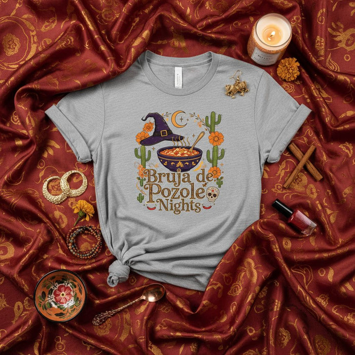 Bruja de Pozole Nights, Halloween Witch Shirt, Pozole Dish Graphic Tee, Spanish Phrase Autumn Gift, Desert Cactus Floral Unisex T-Shirt
