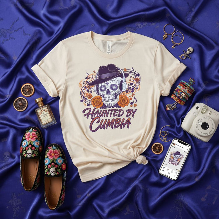 Haunted By Cumbia T-Shirt, Day of the Dead Sugar Skull DJ with Headphones and Hat, Floral Dia De Muertos Musica Tee, Unisex Cumbia Lover Shirt