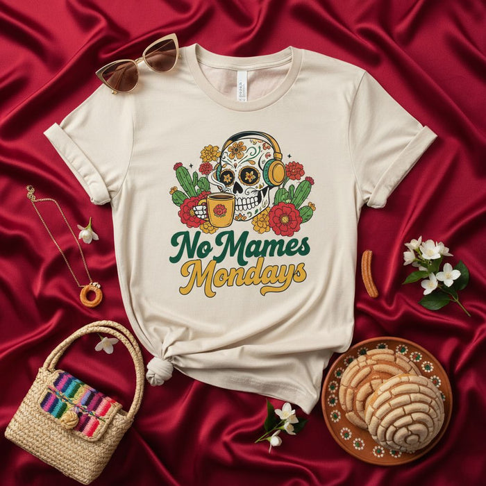 No Mames Mondays T-Shirt, Day of the Dead Sugar Skull with Headphones and Coffee Mug, Retro Groovy Graphic Tee, Funny Anti-Monday Shirt, Fiesta Celebration Top, Unisex Gift for Spanish Speakers