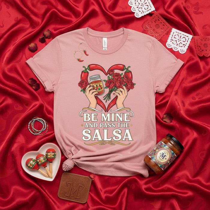BE MINE AND PASS THE SALSA Unisex T-Shirt with Spicy Chili Peppers, Roses, and Jar of Salsa, Funny Foodie Romantic Valentine's Day or Mexican Fiesta Style Graphic Tee for Men and Women