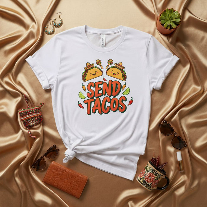 Send Tacos Funny Cinco de Mayo Shirt, Cute Kawaii Taco Lovers Graphic Tee, Mexican Food Fiesta Party T-Shirt, Unisex Casual Sombrero Maracas Gift Top