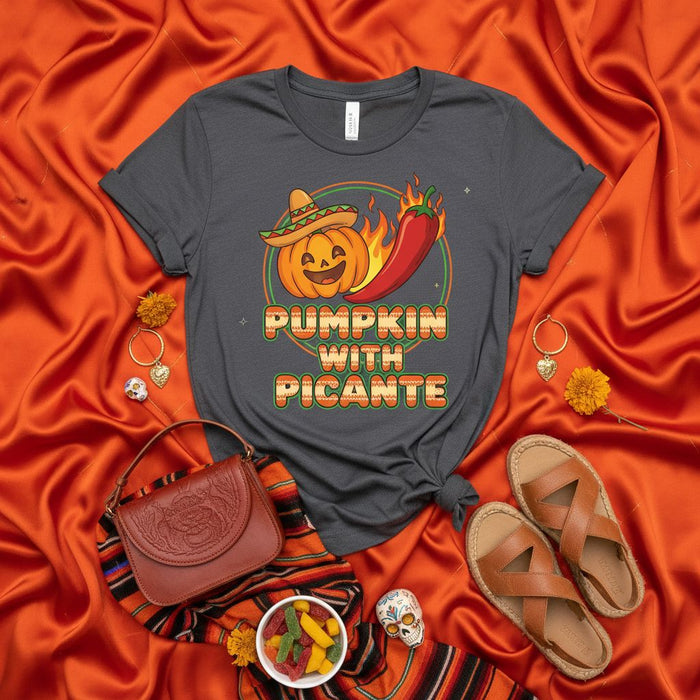 Pumpkin with Picante Funny Halloween T-Shirt, Spicy Sombrero Pumpkin & Chili Pepper Graphic Tee, Spooky Season Fiesta Mexican Food Lover Unisex Shirt
