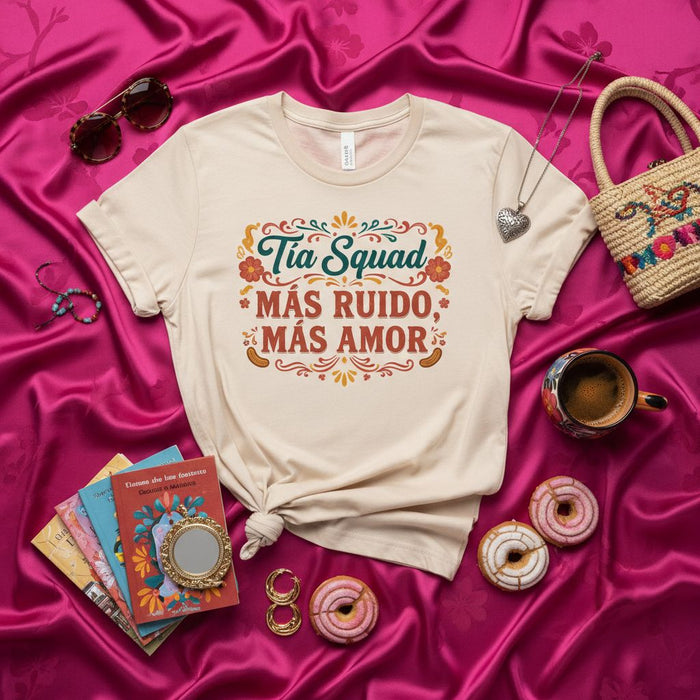 Tia Squad Más Ruido Más Amor T-Shirt, Spanish Auntie Gift, Funny Latina Familia Tee, Hispanic Culture Shirt for Aunts, Cute Floral Women's Unisex Graphic Top
