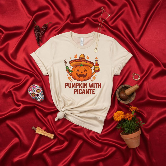 Pumpkin With Picante Funny Day of the Dead Halloween T-Shirt | Spooky Season Fiesta Tee with Sombrero and Chili Pepper | Unisex Dia de Muertos Pumpkin Beer Shirt