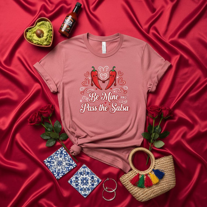 Be Mine and Pass the Salsa T-Shirt | Funny Chili Pepper Valentines Day Couple Shirt | Romantic Mexican Food Lover Tee | Unisex Gift for Him or Her