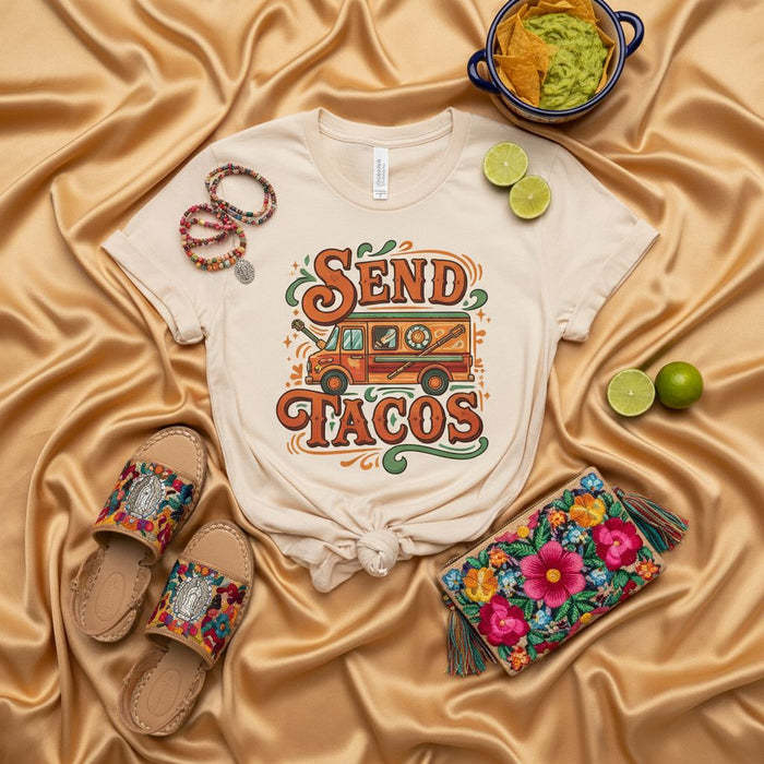 Send Tacos Shirt, Funny Taco Truck Graphic Tee, Retro Foodie Gift T-Shirt, Cinco de Mayo Fiesta Casual Unisex Apparel, Mexican Festival Party Top