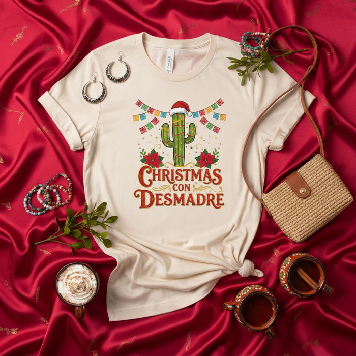 Christmas con Desmadre Shirt, Funny Mexican Christmas T-Shirt, Fiesta Cactus Santa Hat Tee, Spanish Phrase Holiday Party Top, Papel Picado Banner Garland Design, Latino Xmas Gift Idea