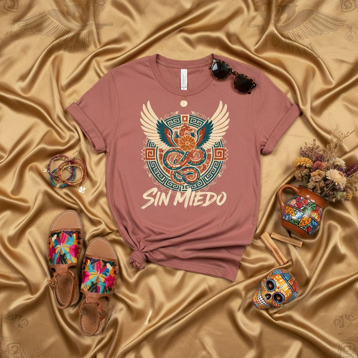 Sin Miedo T-Shirt, Aztec Quetzalcoatl Design Tee, Mexican Heritage Graphic Shirt, Tribal Style Serpent with Wings Top, Cultural Statement Gift