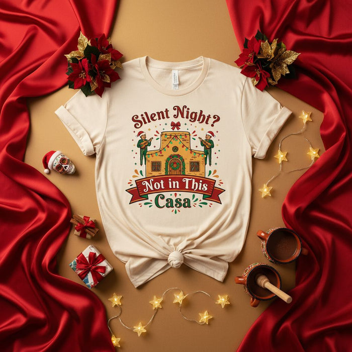 Silent Night? Not in This Casa - Funny Mexican Christmas Fiesta T-Shirt, Holiday Party Tee with Mariachi Players and Adobe House, Unisex Latinx Xmas Gift Shirt