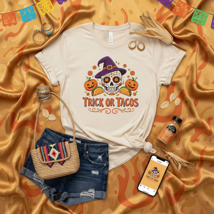 Trick or Tacos Shirt, Sugar Skull Witch Hat Halloween Tee, Day of the Dead Calavera Pumpkin T-Shirt, Funny Spooky Fall Fiesta Taco Lover Unisex Top