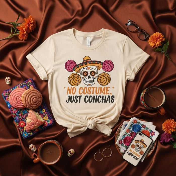 No Costume Just Conchas Shirt, Funny Halloween Day of the Dead Sugar Skull Sombrero T-Shirt, Mexican Pan Dulce Concha Lover Gift Tee, Unisex Graphic T-shirt for Men Women
