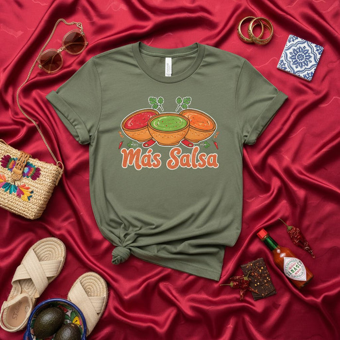 Más Salsa T-Shirt for Men & Women, Funny Mexican Food Lover Tee with Red Green Orange Chile Salsa Bowls, Spicy Cinco de Mayo Fiesta Gift, Unisex Graphic Shirt
