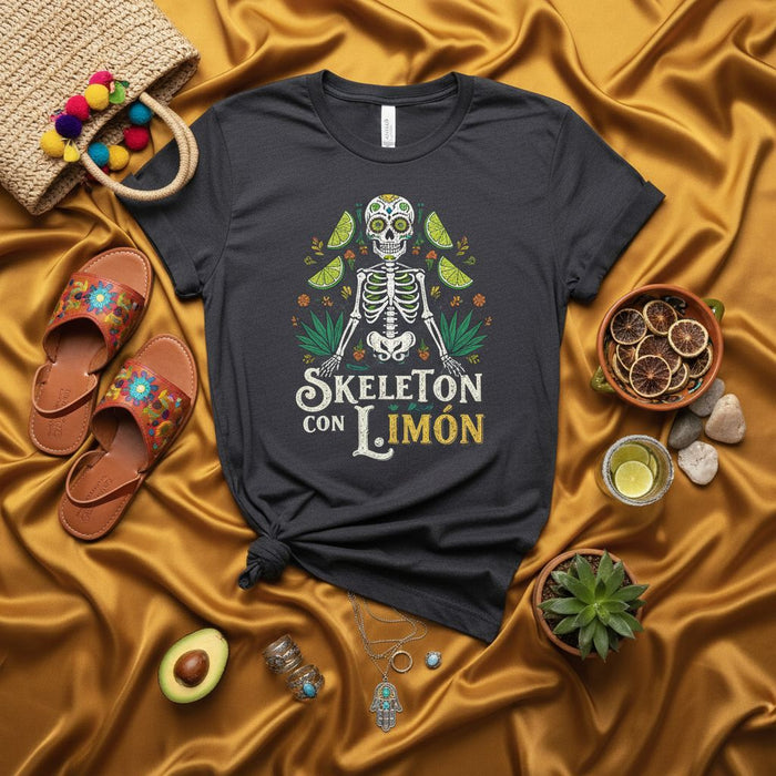 Skeleton con Limón Shirt, Día de Muertos Sugar Skull T-Shirt, Funny Calavera Skeleton with Lime and Agave, Unisex Mexican Holiday Tee, Day of the Dead Apparel, Halloween Costume Idea for Tequila Lovers
