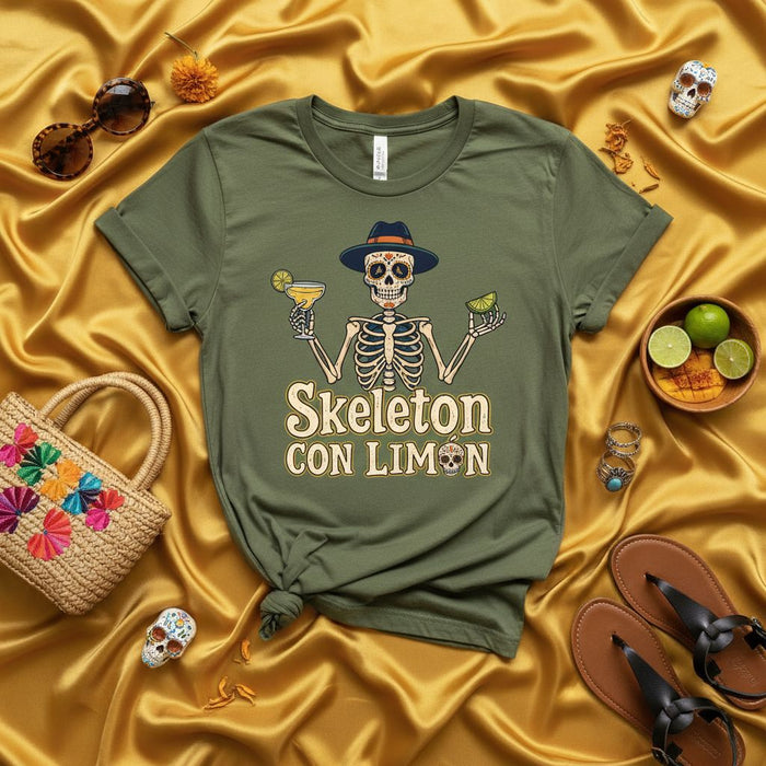 Skeleton Con Limón Día de los Muertos T-Shirt, Funny Calavera Margarita Halloween Fiesta Tee, Unisex Adult Day of the Dead Sugar Skull Drinking Shirt