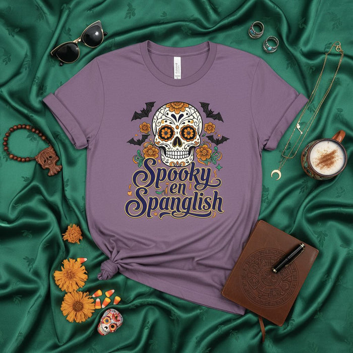 Spooky en Spanglish Day of the Dead Sugar Skull T-Shirt with Bats and Marigold Flowers, Unisex Dia de Muertos Calavera Tee, Latina Halloween Shirt