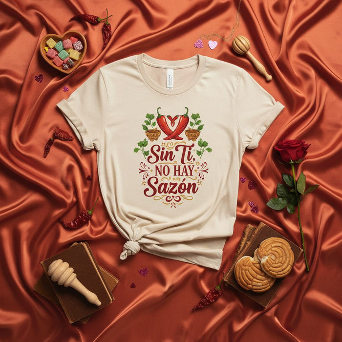 Maglietta Unisex Sin Ti No Hay Sazón, Maglietta Spicy Love Sazón, Peperoncino e Coriandolo, Regalo per Amanti della Cucina, Maglietta Foodie, Maglietta con Citazione Spagnola.