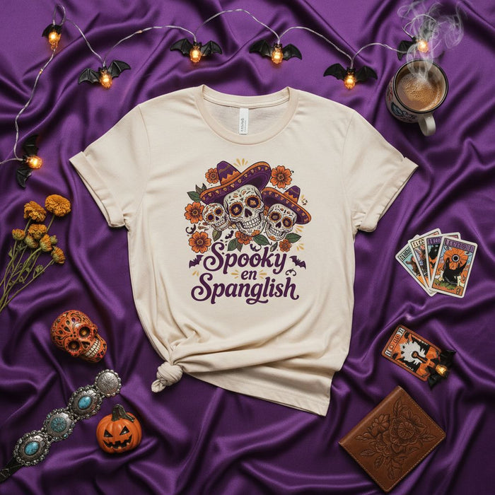 Spooky en Spanglish Calavera Sugar Skulls Día de Muertos Halloween T-Shirt, Floral Mexican Fiesta Sombrero Unisex Tee, Fall Graphic Shirt with Bats & Pumpkins