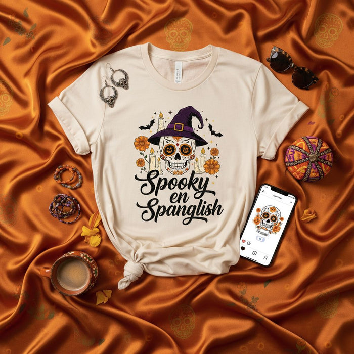 Spooky en Spanglish Halloween Sugar Skull Witch Hat Marigolds Day of the Dead Calavera Unisex T-Shirt