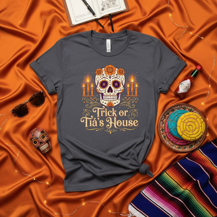 Trick or Tía's House Sugar Skull Halloween Shirt, Día de Muertos T-Shirt, Funny Calavera Tee, Mexican Family Holiday Gift, Unisex Graphic Apparel