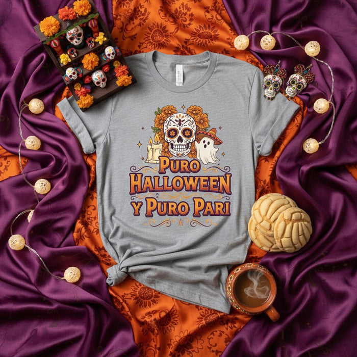 Puro Halloween Y Puro Pari Sugar Skull Ghost Day of the Dead Shirt, Unisex Latino Spooky Season Fiesta T-Shirt, Fall Holiday Party Tee