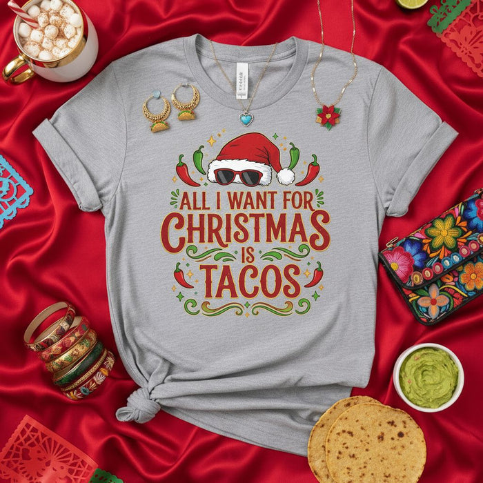 All I Want For Christmas Is Tacos Shirt, Funny Christmas T-Shirt, Santa Hat Sunglasses Chili Pepper Mexican Food Holiday Tee, Unisex Graphic Top